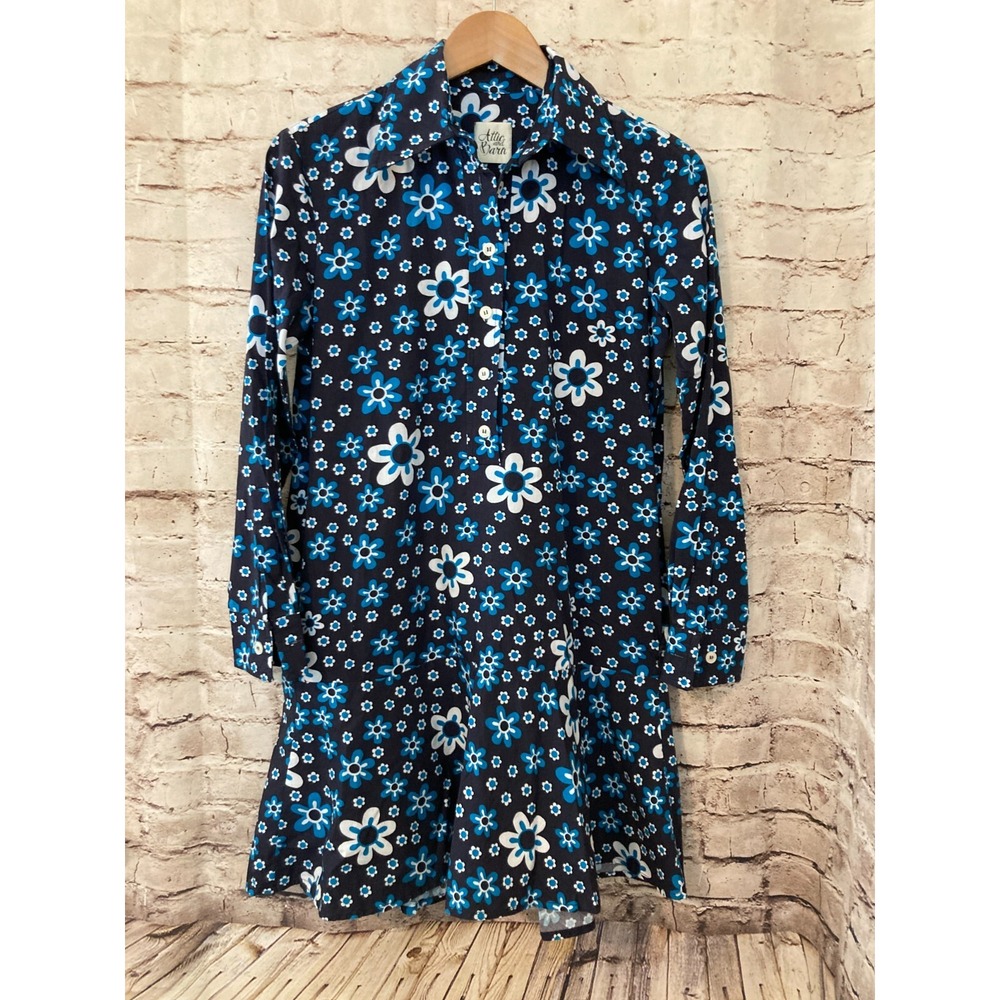 Attic and Barn Shirt Dress Womens 38 Medium Navy‎ Blue Floral Long Sleeve